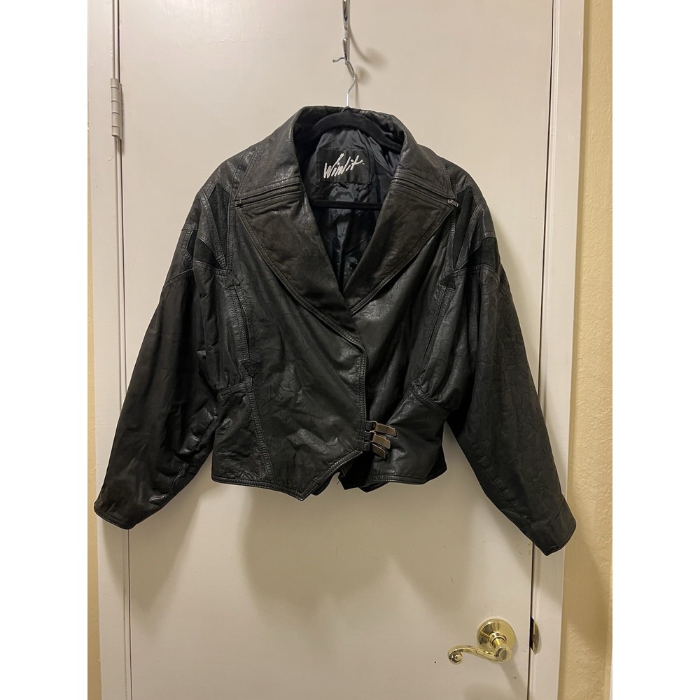 VTG Winlit Black Leather & Suede Jacket Womens Sz Small Oversized Retro 80's